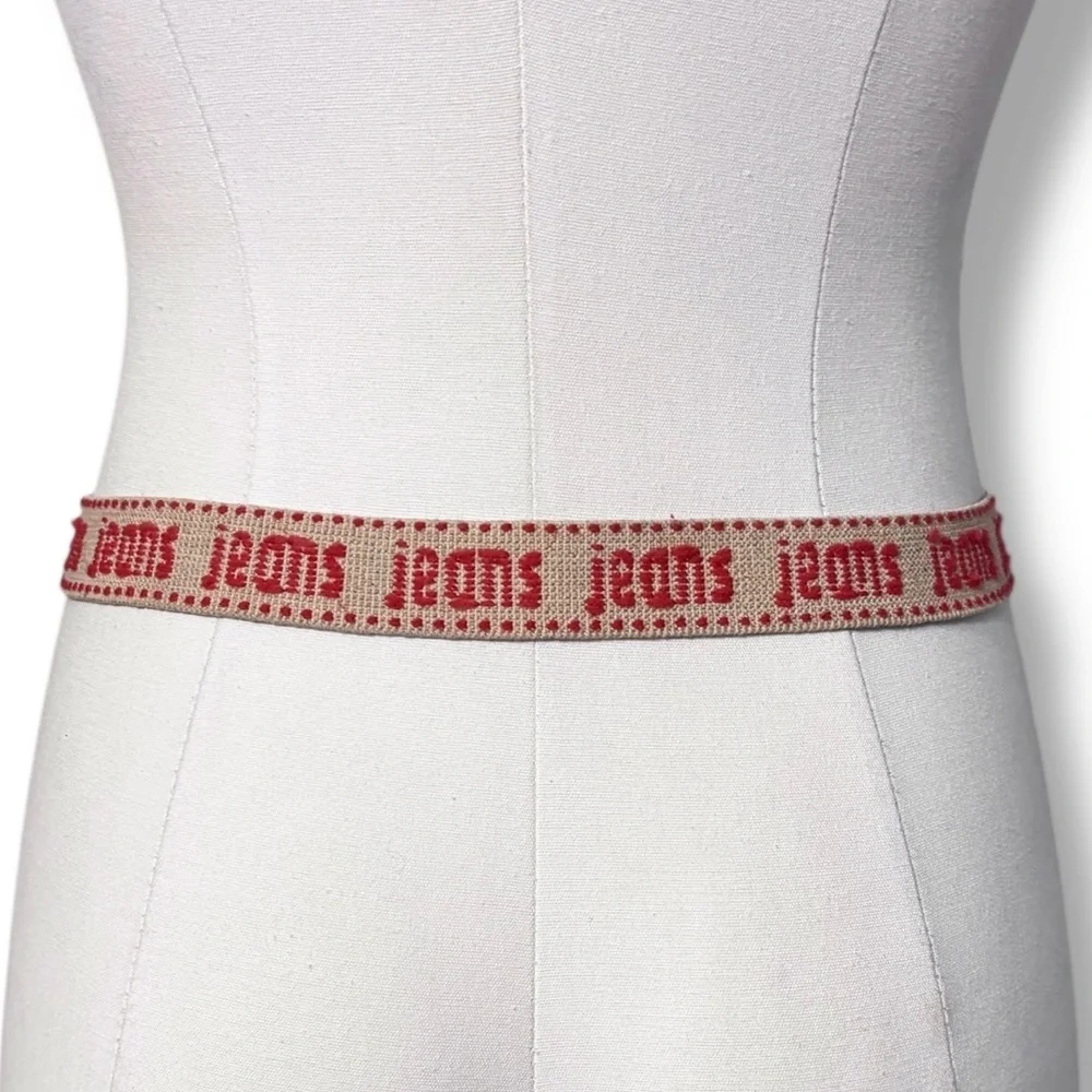 VINTAGE Red & Tan Elastic Belt “Jeans” with Metal Buckle